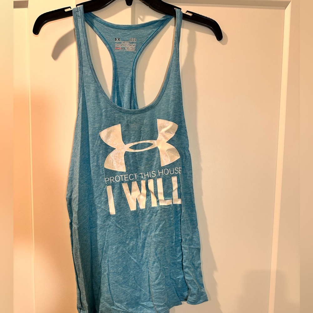 Under Armor razor back shirt, light blue, size large